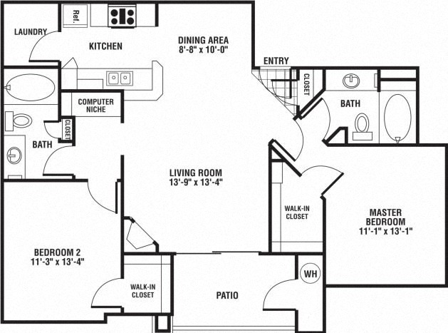Floor plan for 2 beds, 2 baths, 1069 sqft